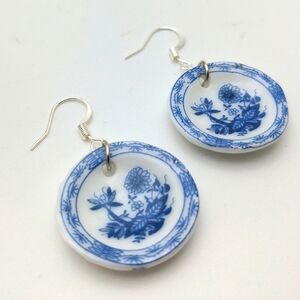 Blue White Floral Delft Ceramic Plate Earrings
